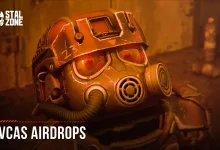 An orange-armored STALCRAFT: X character wearing a gas mask appears in a warmly lit scene beneath the words “ZIVCAS AIRDROPS.”