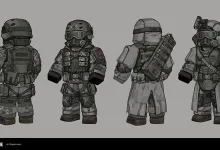 Four armored STALCRAFT: X character concepts shown in a lineup