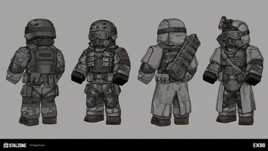 Four armored STALCRAFT: X character concepts shown in a lineup