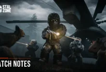 STALZONE artwork showing armored characters in a dark industrial setting with PATCH NOTES text