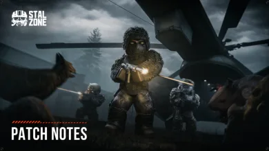 STALZONE artwork showing armored characters in a dark industrial setting with PATCH NOTES text