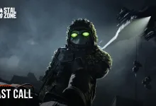 STALCRAFT: X artwork showing a masked armed character with glowing green goggles beneath a spotlight, with “LAST CALL” text.