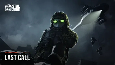 STALCRAFT: X artwork showing a masked armed character with glowing green goggles beneath a spotlight, with “LAST CALL” text.