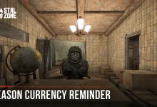 STALCRAFT: X character seated in a tiled room beneath the words Season Currency Reminder