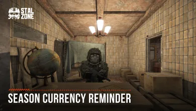 STALCRAFT: X character seated in a tiled room beneath the words Season Currency Reminder