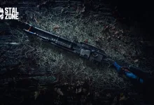 A STALCRAFT: X rifle rests on the ground in a dark forest scene.