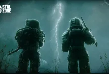 Two STALZONE characters stand in a field beneath lightning during a storm