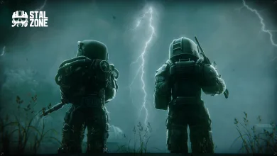Two STALZONE characters stand in a field beneath lightning during a storm