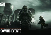 STALCRAFT: X characters standing in a ruined city beneath the text Upcoming Events