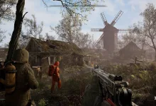 STALKER 2 gameplay showing two armed characters near a windmill and abandoned buildings.