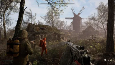 STALKER 2 gameplay showing two armed characters near a windmill and abandoned buildings.