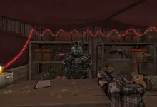 STALZONE character seated at a table in a dim room decorated with red string lights