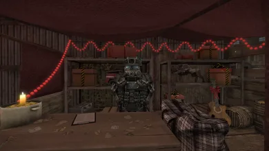 STALZONE character seated at a table in a dim room decorated with red string lights