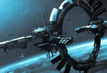 Futuristic spacecraft fly near a ring-shaped space station above a planet in Star Citizen.
