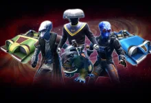 Three Star Wars: The Old Republic characters and a creature stand among colorful speeders against a red space backdrop.