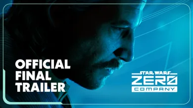 Official Final Trailer artwork for STAR WARS Zero Company showing a blue-lit character portrait and the game logo