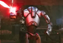 A combat droid fires a red weapon inside a futuristic facility in Star Wars Zero Company.