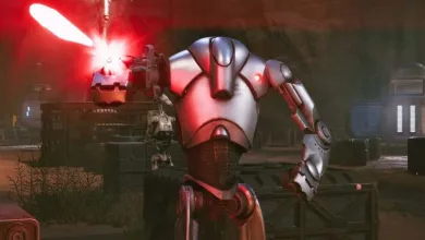 A combat droid fires a red weapon inside a futuristic facility in Star Wars Zero Company.