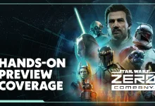STAR WARS Zero Company promotional artwork showing several characters, including a lightsaber-wielding figure, alongside the text “Hands-On Preview Coverage.”