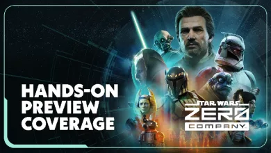 STAR WARS Zero Company promotional artwork showing several characters, including a lightsaber-wielding figure, alongside the text “Hands-On Preview Coverage.”