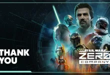Star Wars Zero Company thank-you graphic showing the game's characters and logo
