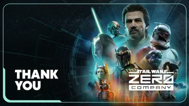 Star Wars Zero Company thank-you graphic showing the game's characters and logo
