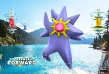 Starmie floats above a lake between Pokémon GO Gyms, with Pokémon GO 10th Anniversary and Forever Forward branding visible in the lower-left corner.