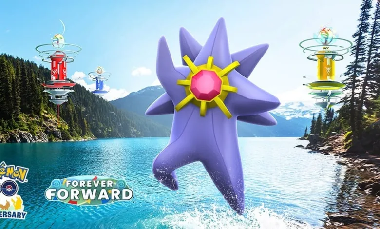 Starmie floats above a lake between Pokémon GO Gyms, with Pokémon GO 10th Anniversary and Forever Forward branding visible in the lower-left corner.