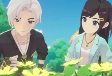 Two Starsand Island characters examine yellow flowers during a cutscene