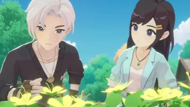 Two Starsand Island characters examine yellow flowers during a cutscene