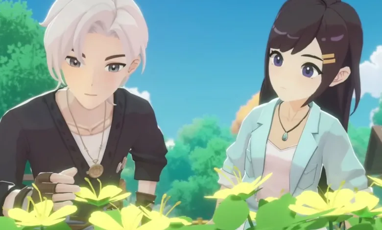 Two Starsand Island characters examine yellow flowers during a cutscene