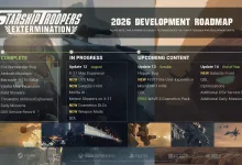 Starship Troopers: Extermination 2026 development roadmap showing planned content for Updates 12, 13, and 14