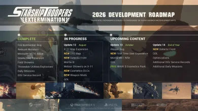 Starship Troopers: Extermination 2026 development roadmap showing planned content for Updates 12, 13, and 14