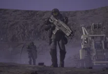 A Starship Troopers: Extermination trooper carrying a rifle walks across an industrial landscape, with another trooper and machinery in the background.