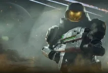 A heavily armored Starship Troopers: Extermination trooper with a gold visor holds a large weapon in a smoky battlefield.