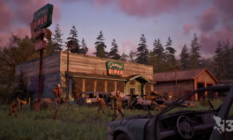 A diner and abandoned vehicles in a zombie-infested setting from State of Decay 3.