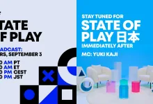 PlayStation graphic announcing State of Play on Thursday, September 3, followed immediately by State of Play Japan, with broadcast times listed.