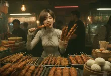 A character from the Stellar Blade: Blood Rain music video eats skewers at a busy food stall