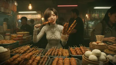 A character from the Stellar Blade: Blood Rain music video eats skewers at a busy food stall