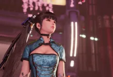 Stellar Blade protagonist Eve standing in a futuristic city