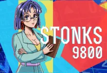 Pixel-art woman holding a tablet beside the Stonks 9800 logo