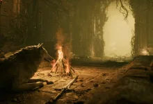 A stray dog rests beside a campfire in a dark medieval-fantasy ruin