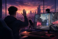 A streamer watches a stylized VALORANT match on a monitor at a gaming setup overlooking a sunset cityscape.