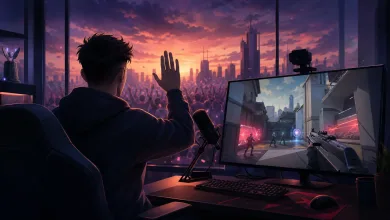 A streamer watches a stylized VALORANT match on a monitor at a gaming setup overlooking a sunset cityscape.