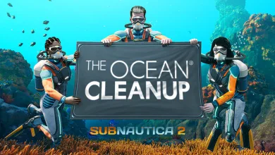 Three Subnautica 2 divers hold a sign reading The Ocean Cleanup above an underwater reef