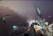 First-person view of a diver exploring an alien underwater environment in Subnautica 2