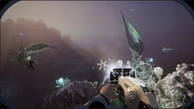 First-person view of a diver exploring an alien underwater environment in Subnautica 2