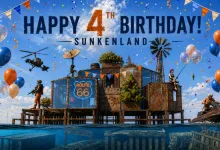 Sunkenland fourth-birthday artwork showing a decorated floating settlement, balloons, bunting, and submerged buildings beneath the text “Happy 4th Birthday!”