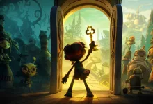 A stylized surreal game scene shows a small character holding a large key in front of a glowing doorway, surrounded by fantastical figures and landscapes.
