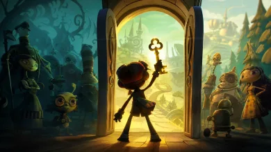 A stylized surreal game scene shows a small character holding a large key in front of a glowing doorway, surrounded by fantastical figures and landscapes.